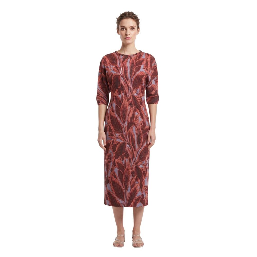 Zara Red Palm Jacquard Midi Dress Puff Sleeve SM